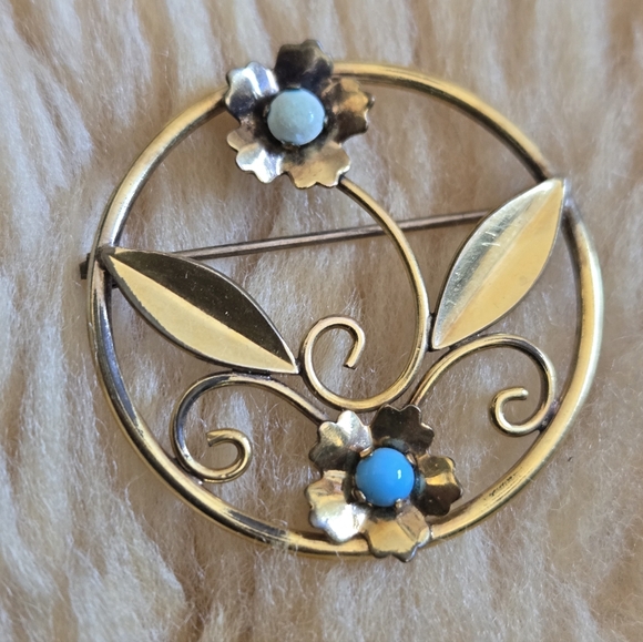 Vintage Gold Filled Sterling  Floral Brooch with Turquoise Accents - Picture 2 of 5